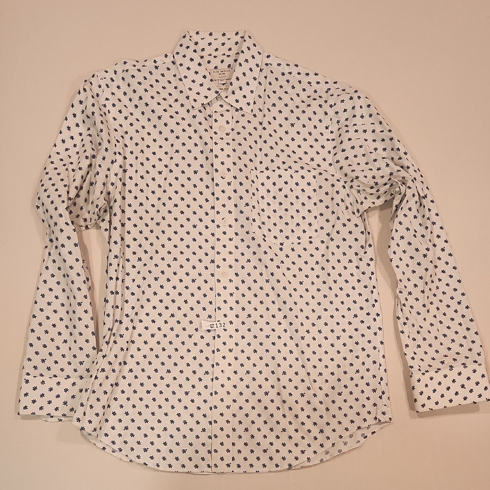 Club Monaco Men's White and Blue Patterned Shirt